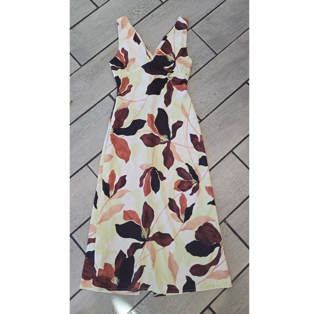 Sage The Label Floral Maxi Dress V-Neck Sleeveless Front Slit Green Burgundy S